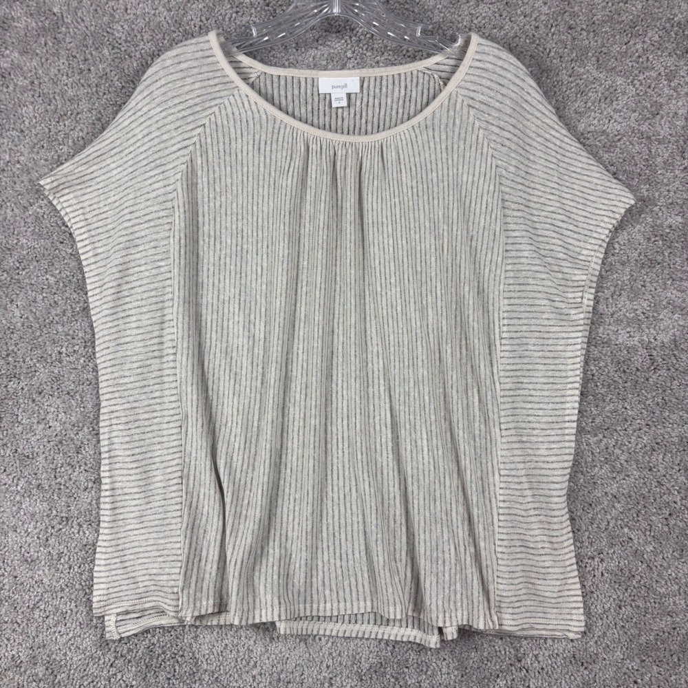 Pure Jill Linen Modal Striped Short Sleeve Dolman Top Ivory Grey Small RN 97641